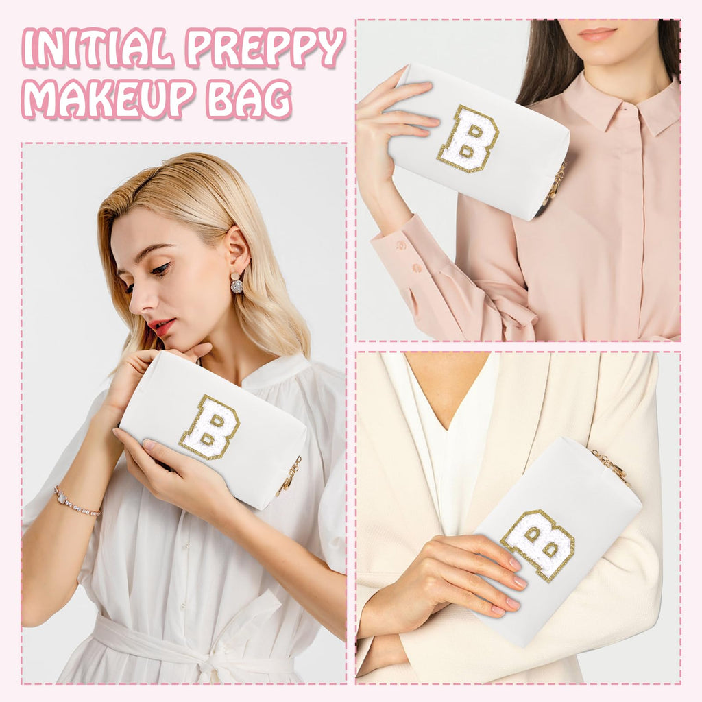 Small Initial Preppy Makeup Bag Organizer, White Cute Chenille Letter Cosmetic Zipper Pouch Toiletry Bags for Traveling, Waterproof PU Makeup Pouch Personalized Gifts for Bride Bridesmaid(Letter B)