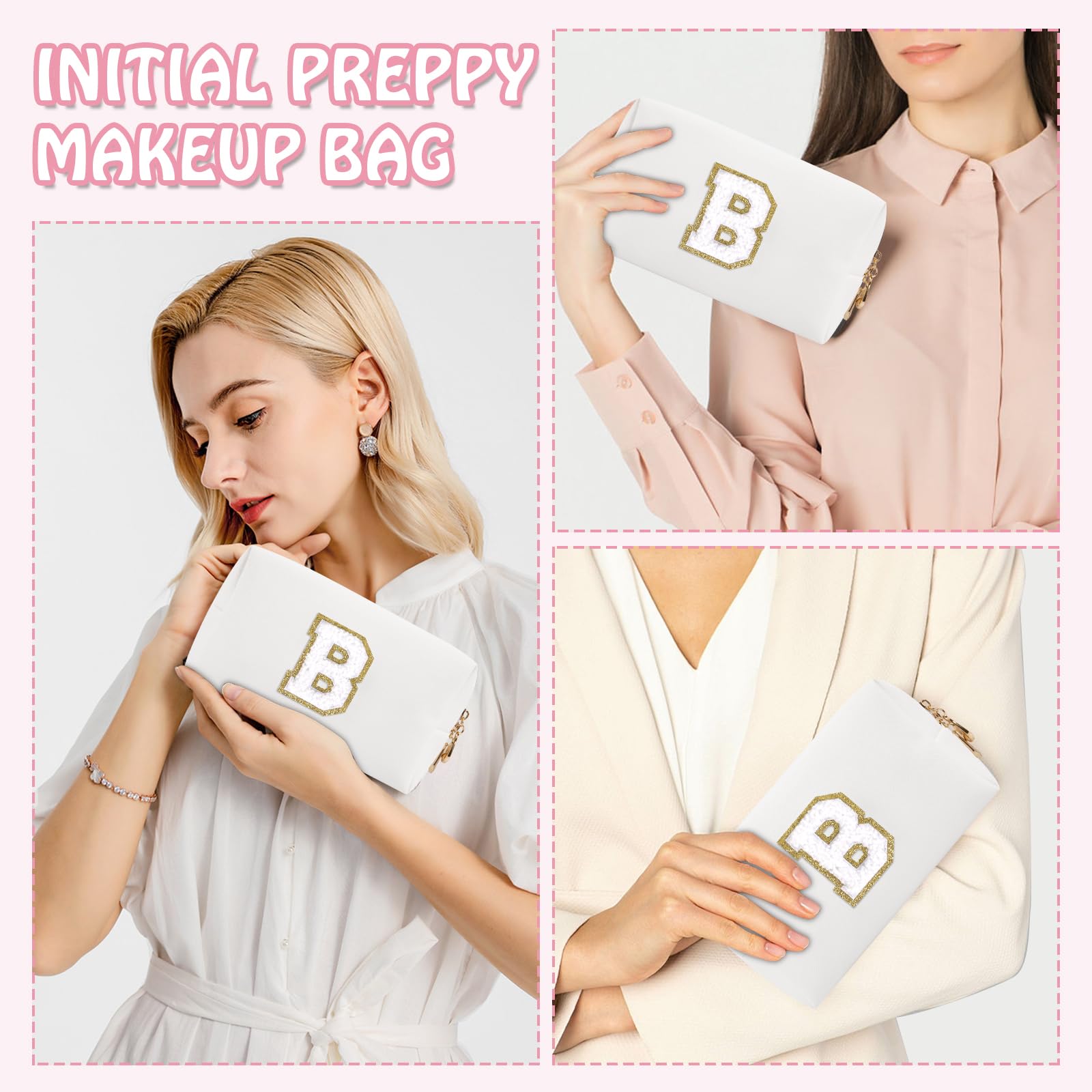 Small Initial Preppy Makeup Bag Organizer, White Cute Chenille Letter Cosmetic Zipper Pouch Toiletry Bags for Traveling, Waterproof PU Makeup Pouch Personalized Gifts for Bride Bridesmaid(Letter B)