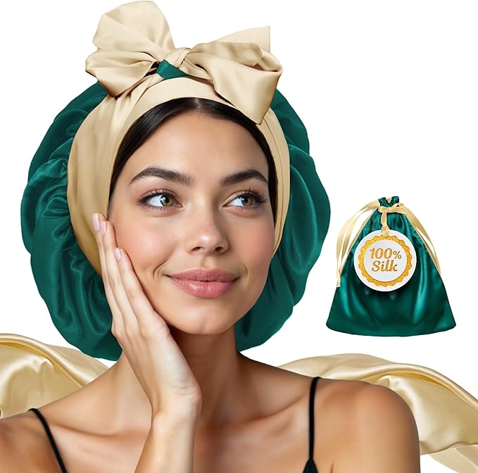 Real Silk Bonnet for Sleeping Women – Green – Adjustable Wonder Loop Tie, No-Slip Hair Bonnet, Reversible Silk Sleep Cap for Curly, Coily, Wavy & Straight Hair - Mothers Day Gift for Mom & Wife