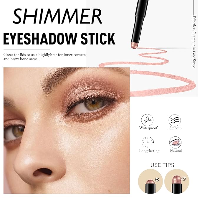 Wugbc Rose Gold Shimmer Eyeshadow Stick, Waterproof Cream Eye Shadow Pencil Long-Lasting Crease-Proof Glitter Eyeshadow Crayon Smooth High Pigmented Highlighter Neutral Eye Shadow Liner Makeup