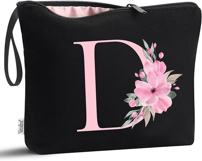 Vavabox A-Z Personalized Makeup Bag, Birthday Gifts for Women Mom, Gifts for Best Friend, Bride Bridesmaid Cosmetic bag (D, 02-Black)
