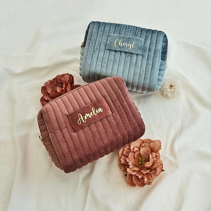 Snirov Custom Makeup Bag, Pink Velvet Personalized Cosmetic Bag with Zipper for Women Teen Girls Birthday Gifts Mothers Day Gifts for Mom