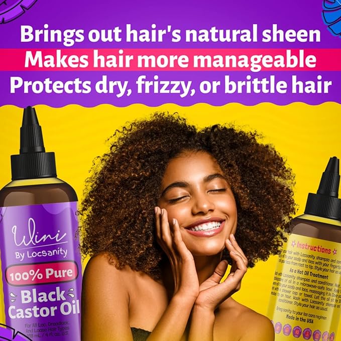 Locsanity Wini Pure 100% Jamaican Black Castor Oil Organic Cold-Pressed | Non-GMO | 4 fl oz: Moisturizing Face & Hair Oil for Growth, Skin Care, Strengthening, & Nourishing