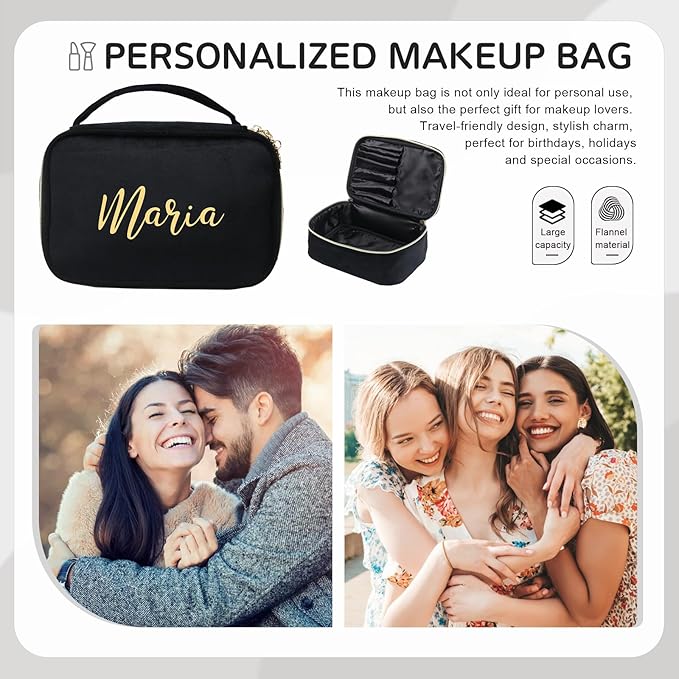 Dreamgem Personalized Name Makeup Bags - Monogrammed Gift for Women Girls Cosmetic Bag with Zipper Gift Ideal for Teen Girls Women Birthday Friend Mom (Black)