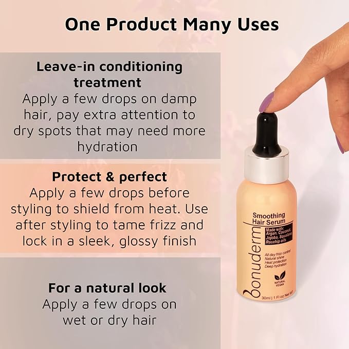 bonuderm Hair Oil for Frizzy, Damaged, Dry Hair | Hydrating, Lightweight, Vegan & Natural Hair Oil | Tames Frizz, Adds Shine, Softness, Conditioning & Heat Protectant for All Hair Types
