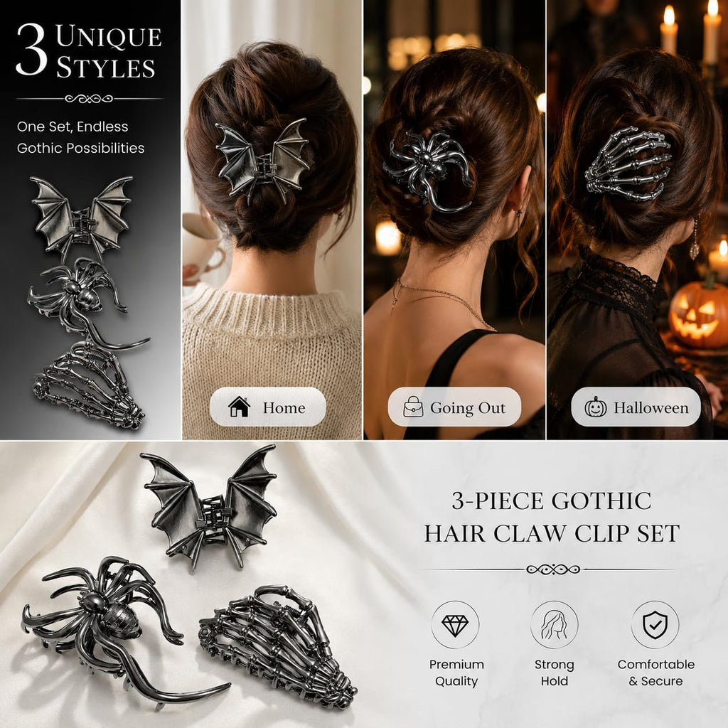 Parcce 3 PCS Gothic Hair Claw Clips for Women, Metallic Black Bat Spider Skeleton Hand Hair Clips, Strong Hold Halloween Hair Accessories for Thick Thin Hair, Costume Party Everyday Styling Gifts