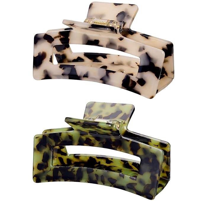 Textention Cellulose Acetate Hair Claw Clips, Rectangle Tortoise Shell Celluloid Strong Hold Clips for Thin Thick Hair, Barrette Jaw Clamp Styling Accessories for Women Ladies Mother (2 Pack)