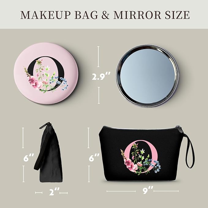 SEAMOON A-Z Personalized Gifts for Women, Makeup Bag Small with Mirror, O