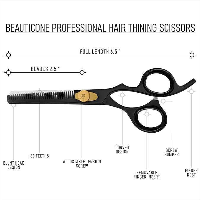 BEAUTICONE Professional Hair Thinning Scissors – Barber Texturizing Shears with Stainless Steel Teeth Blade, Leather Pouch Included, Salon Thinning Shears for Men & Women, Black