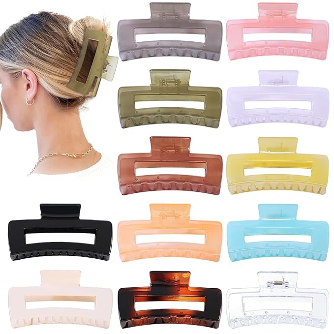 Sisiaipu 12 Pack Large Square Hair Claw Clips for Women and Girls, 4.1 x 2.1 x 1.2 inch, 12 Rubber Paint and Plastic Materials, Non-Slip Jumbo Jaw Design - Jelly