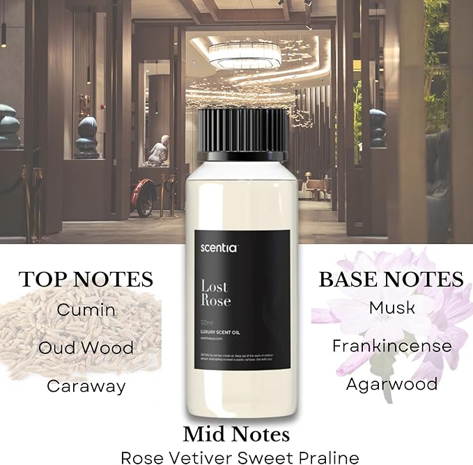 Scentia Lost Rose Diffuser Oil Refill – Hotel Fragrance Oil Inspired by Fairmont – 120 mL – Rose, Oud Wood & Clove Long-Lasting Scent for Ultrasonic & Waterless Diffusers, Made in USA