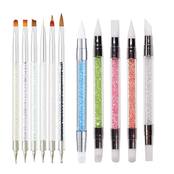Whmeolyo 11Pcs Nail Art Brush Set, Dual Tipped Silicone Nail Tools, Nail Art Sculpture Pen, Crystal Handle Liner Brushes, Acrylic & Gel Nail Brush, Dotting Pens for Home and Professional Nail Salon