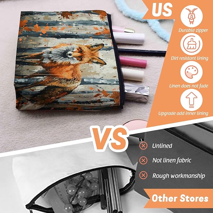 Scribesense Cosmetic Bags Travel Makeup Toilet Case Waterproof Pouch for Women Girls 6.7X9.45inches - Red Fox Gazing Intently in An Autumn Wilderness