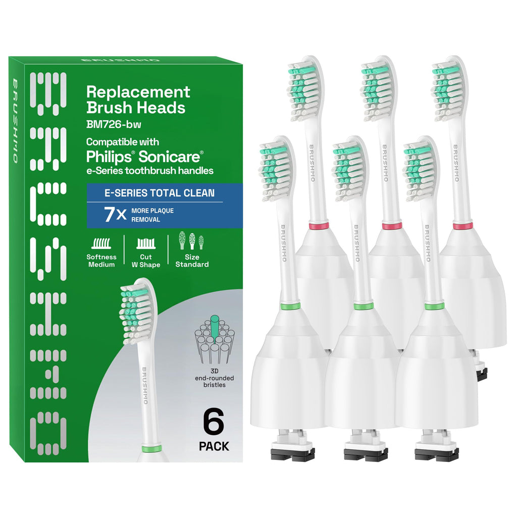 Brushmo e-Series Total Clean Replacement Toothbrush Heads, Compatible with Philips Sonicare Screw-on Electric Toothbrush Handles, 6 Standard Heads, Medium Firm Dupont Bristles, BM726-bw, White