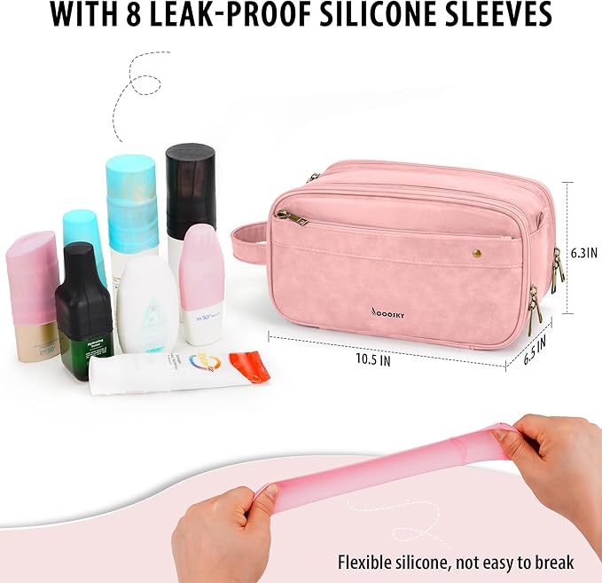 COOSKY Travel Toiletry Bag for Women, Large Hanging Toiletries Organizer Bags for Man, Cruise Ship Essentials, Water-resistant Shaving Case, PU Leather Makeup Accessories, Cosmetic Dopp Kit, Pink