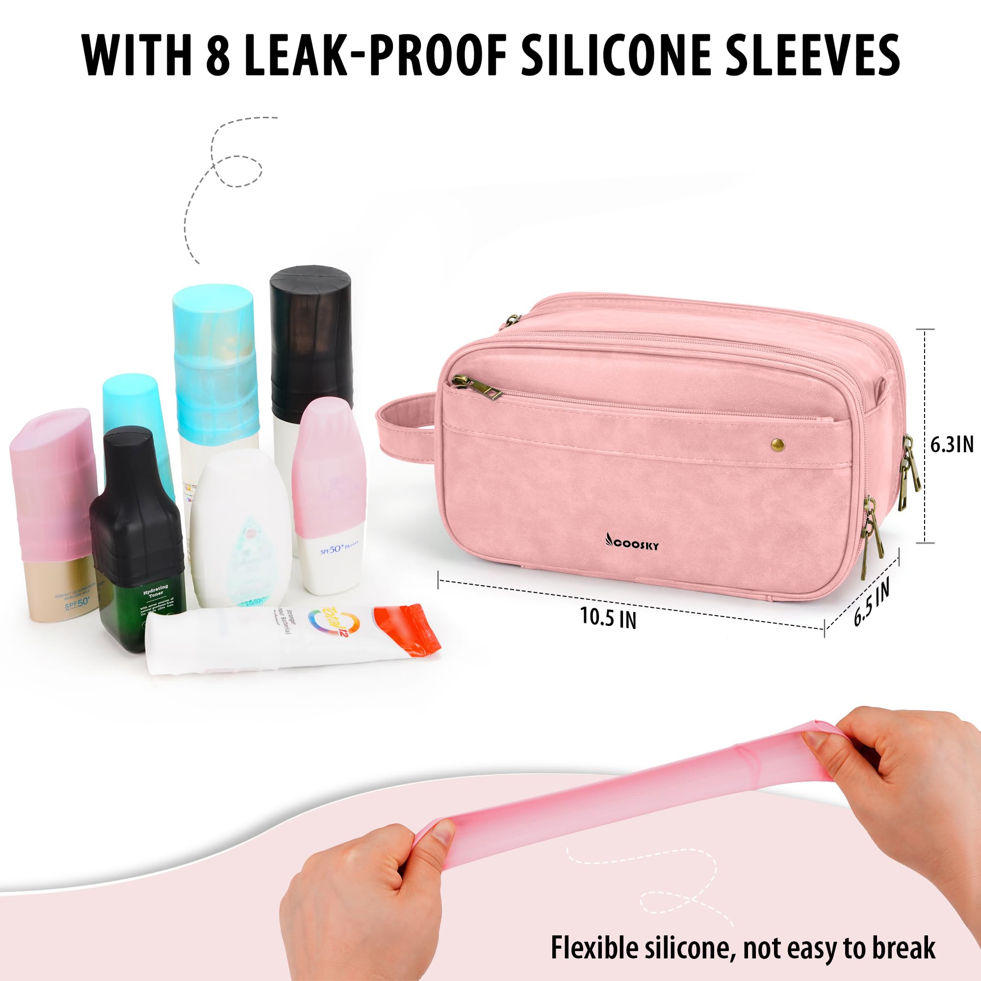 COOSKY Travel Toiletry Bag for Women, Large Hanging Toiletries Organizer Bags for Man, Cruise Ship Essentials, Water-resistant Shaving Case, PU Leather Makeup Accessories, Cosmetic Dopp Kit, Pink