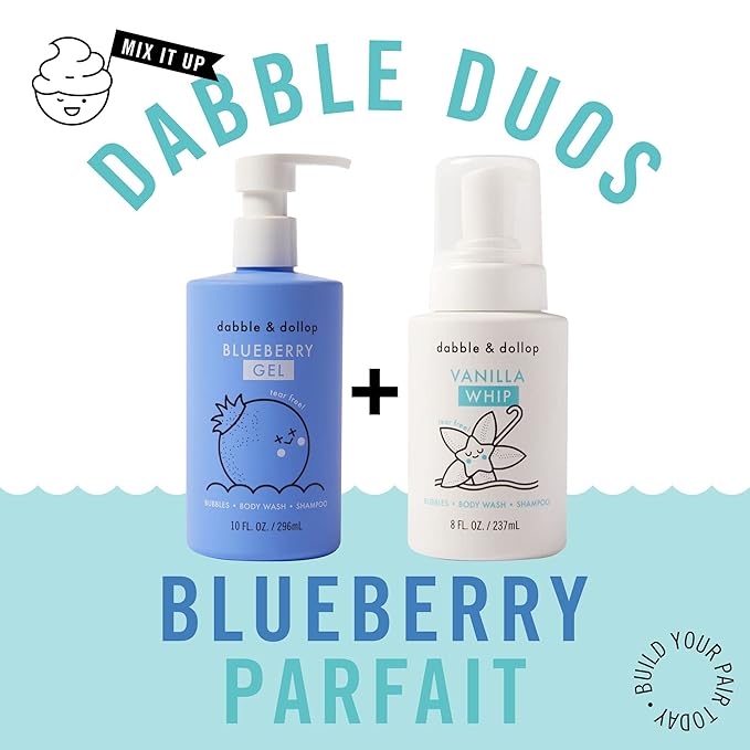 Dabble & Dollop Blueberry + Vanilla Kids 3-in-1 Body Wash, Shampoo & Bubble Bath Bundle – Gel + Foam Whip Set, Tear-Free, Gentle, Natural-Origin, Hypoallergenic and Safe for Sensitive Skin (Pack of 2)