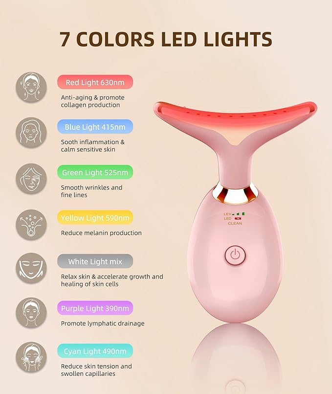 Jobazok 7 Color Face and Neck Massager Light Therapy, Red Light Based Facial Massager for Skin Care, Firming, Smoothing (Rose Golden)