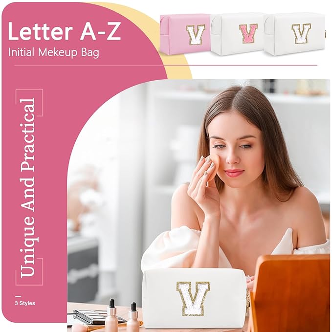 Small Personalized Initial A-Z Preppy Patch Makeup Bag,White PU Chenille Letter Travel Cosmetic Pouch with Zipper,Cute Toiletry Bag,Gift Ideal for Teen Girls Women Teacher Bridesmaid,Letter V