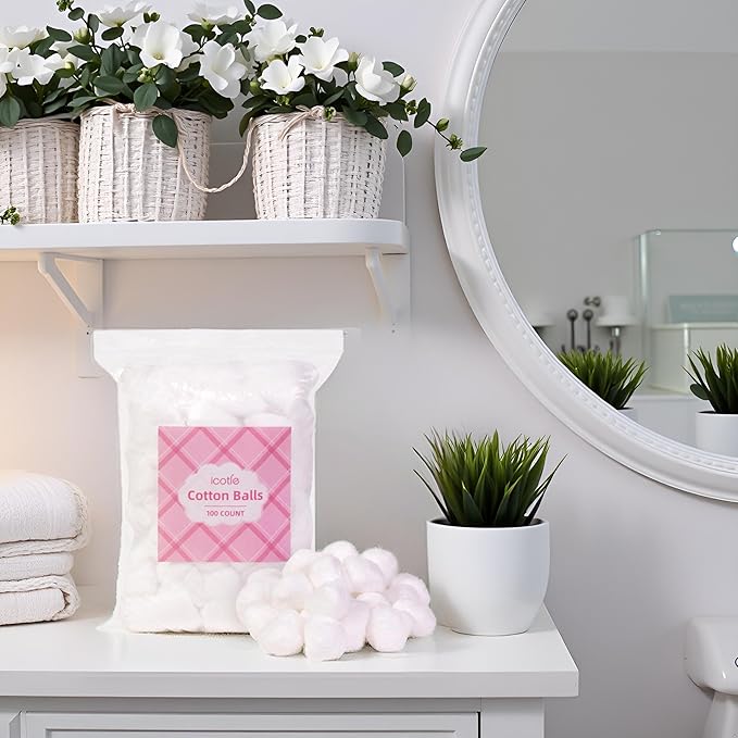 Icotle 100% Pure Cotton Balls, Large Size, Soft and Absorbent for Make-Up, Nail Polish Removal, Pet Care, Applying Lotion or Powder and First-Aid for Everyday Household Use, 100 Count
