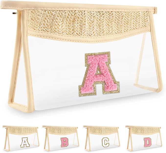 Small Boho Straw Initial Letter Makeup Bag Personalized Gift,Cute Clear Chenille Patch Makeup Bag With Zipper,Trendy TSA Approved Travel Toiletry Bag,Gift for Women Girls Birthday Friend, Letter A