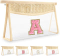 Small Boho Straw Initial Letter Makeup Bag Personalized Gift,Cute Clear Chenille Patch Makeup Bag With Zipper,Trendy TSA Approved Travel Toiletry Bag,Gift for Women Girls Birthday Friend, Letter A