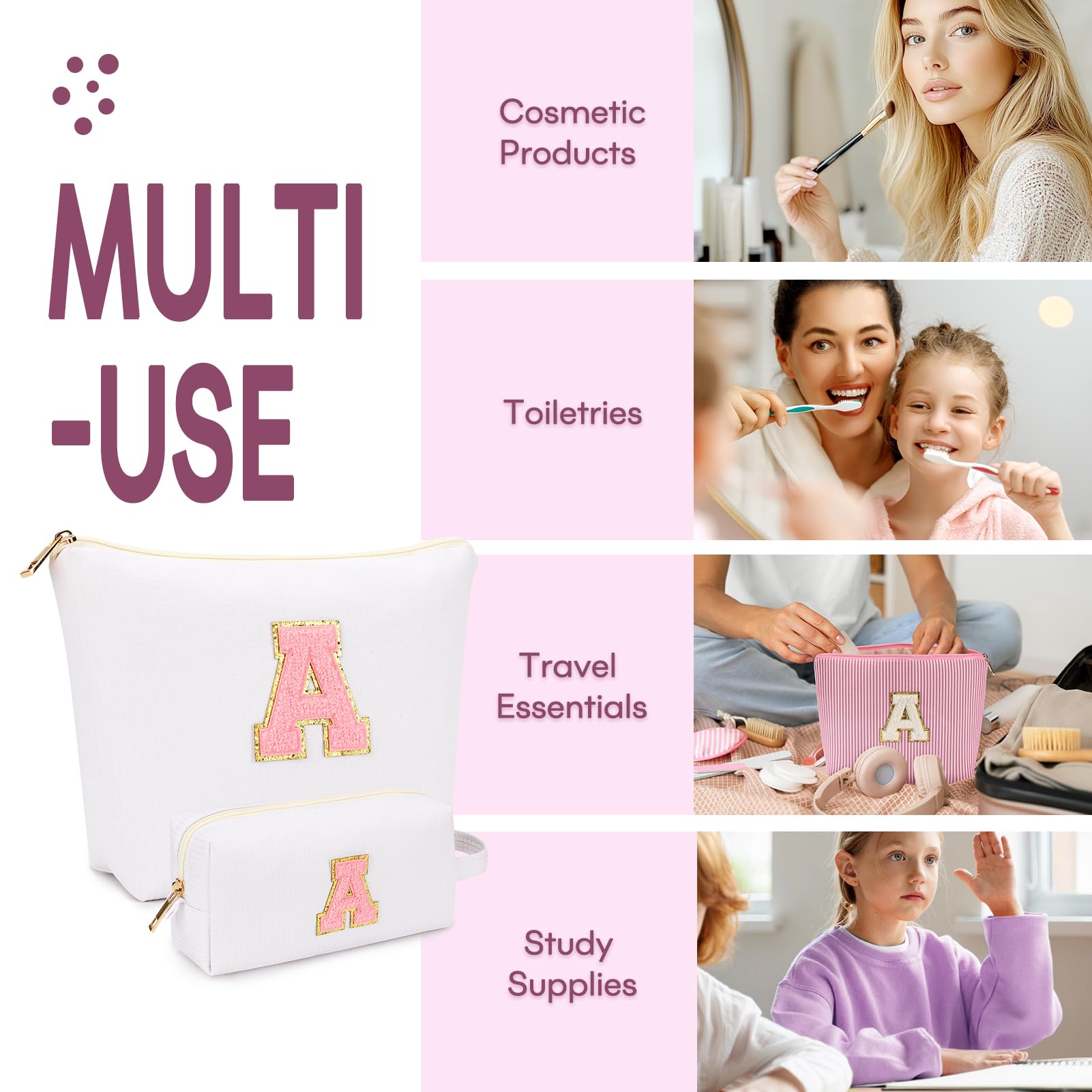 2 PCS Initial Makeup Bags for Women: Cosmetic Bag for Travel Toiletry - Birthday Gifts for 11 12 13 14 15 16 17 18 Years Old Girl Graduation Teacher Gift- Teen Girl Gifts Trendy Stuff - White K