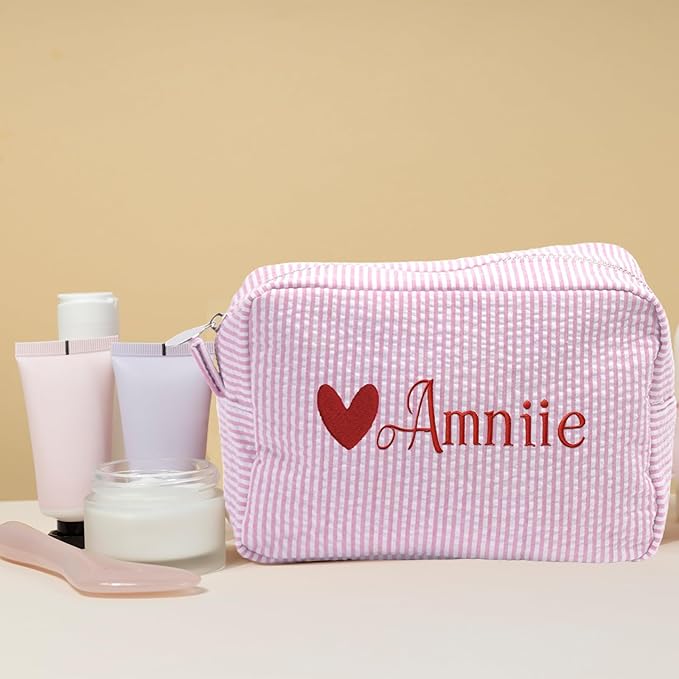 Custom Makeup Bag Personalized Cosmetic Bag Cute Seersucker Travel Toiletry Bag for Women Embroidered Bag Organizer for Bride Makeup Bag Gift Red