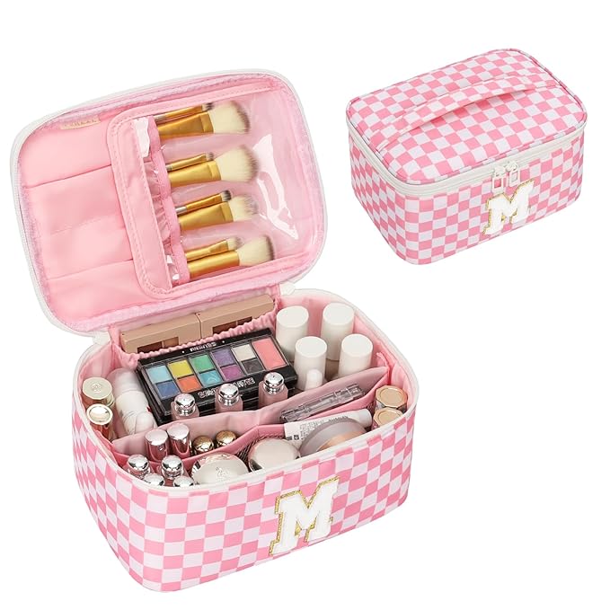 OCHEAL Makeup Bag for Women, Monogram Cosmetic Bag Pink Travel Makeup Case Beauty Toiletry Bag Organizer Personalized Gifts for Girls Bridesmaid, Sister, Wife, Friends Initial M