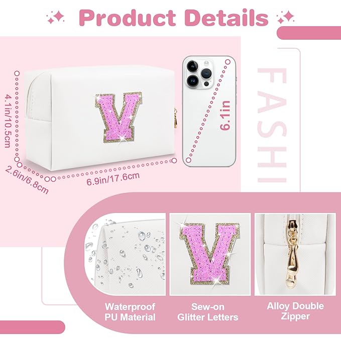 Small Initial Patch Makeup Bag Personalized Gifts Make Up Bag,White Cute PU Leather Glitter Letter Cosmetic Bag with Zipper,Trendy Portable Travel Toiletry Pouch,Preppy Stuff for Teen Girls Women V