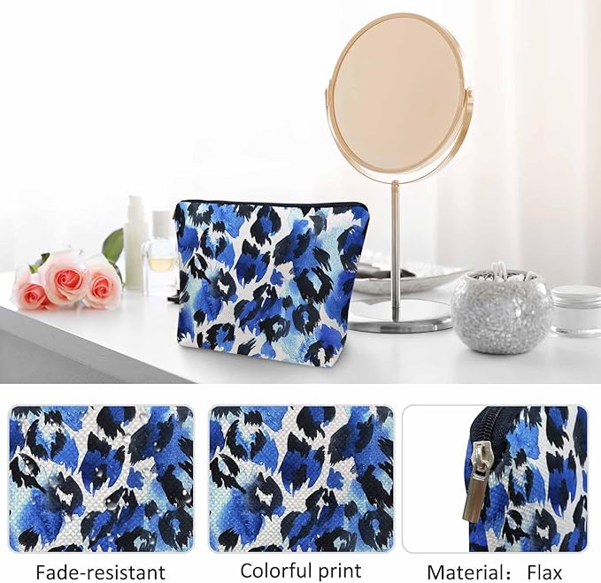 Kalygon Leopard Print Makeup Bag For Women, Leopard Skin Adorable Cosmetic Bag Makeup Bags, Leopard Fur Zipper Bag Travel Bags Toiletry Organizers Pouch Bags Washing Bags For Gym Bathroom Blue Black