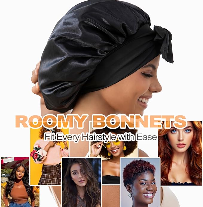 GDTOGRT Satin Silk Bonnet for Sleeping Women, Double Layer Sleep Hair Bonnets Caps for Curly Natural Hair with Tie Band -Black Stripe