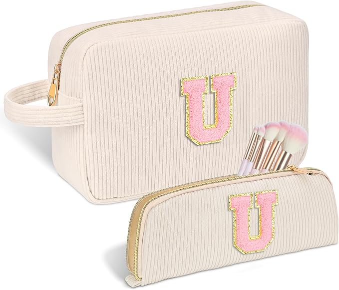 Sernaxi Personalized Initial Makeup Bag Trendy Stuff Corduroy Cosmetic Bag Travel Toiletry Bag, Valentine’s Day Gift Makeup Organizer Case & Makeup Pouch for Women Teen Girls Mom Girlfriend Wife