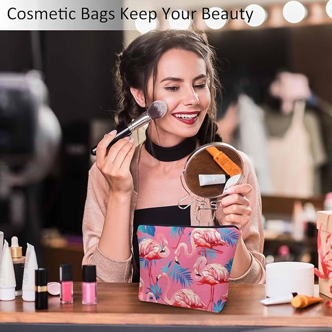 Kalygon Flamingo Makeup Bag For Women, Adorable Cosmetic Pouch With Tropical Leaves Palms Pattern, Pink Zipper Travel Toiletry Organizer For Gym and Bathroom