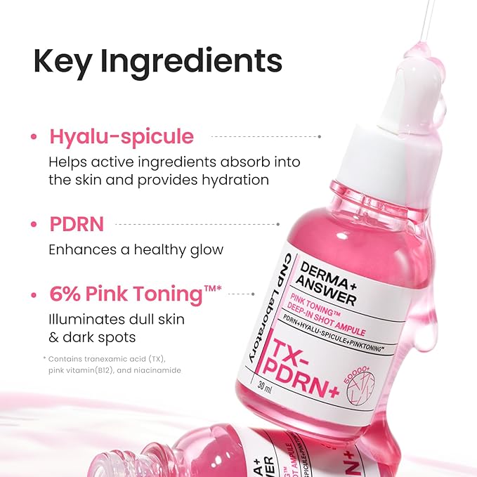 CNP PDRN + Tranexamic Acid Serum, Pink Toning Skin Booster, Niacinamide & Micro-spicules, for Glass Skin, Korean Skin Care, 1. 01 fl. oz. (Pink)