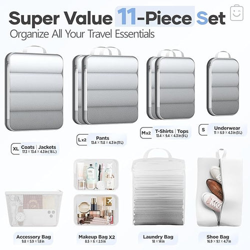 1/2/6/8/9/10/11 Set Compression Packing Cubes Garment Bags Garment Bag for Travel Essentials,White