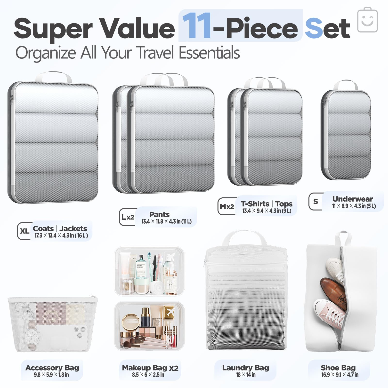 1/2/6/8/9/10/11 Set Compression Packing Cubes Garment Bags Garment Bag for Travel Essentials,White