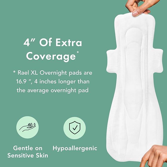 Rael Organic Cotton Cover Sanitary Pads for Women (XL Overnight, 12 Ct)