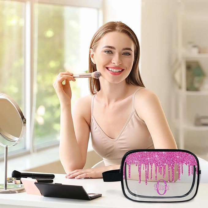 KFNHN Custom Name Transparent Makeup Bag Travel, Clear Toiletry Bag Travel Large Capacity PVC Cosmetic Container Organizer for Shampoo, Deep Pink Water Fluid Shape Glittering