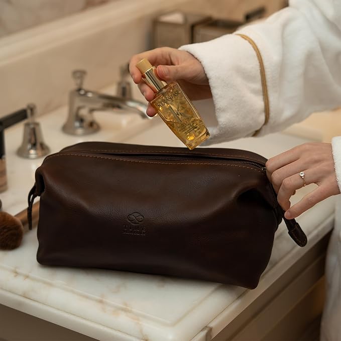 Time Resistance Leather Toiletry Bag - Italian Cosmetic Case Dopp Kit (Brown)