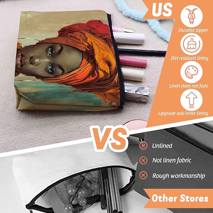 Scribesense Cosmetic Bags Travel Makeup Toilet Case Waterproof Pouch for Women Girls 6.7X9.45inches - Orange Turban And The Intense Gaze of A Lady
