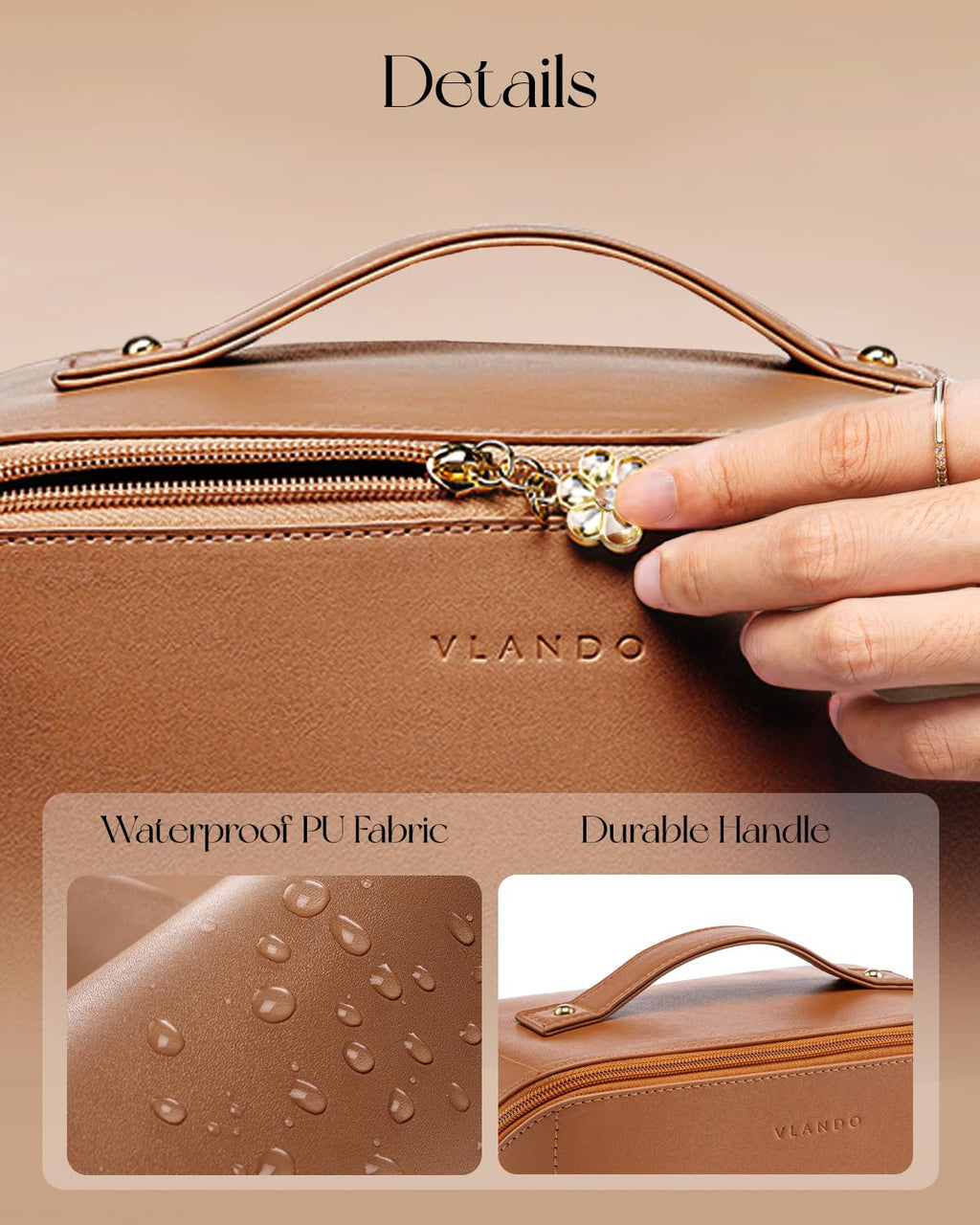 VLANDO Makeup Bag for Women with Open Flat Layout,Zipped TPU Pocket,Brown