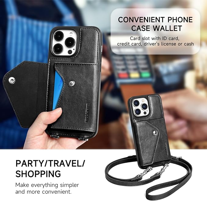 LUCKYCOIN Crossbody Phone Case for iPhone 14 Pro Max, 100% Genuine Leather Phone Wallet Case for Women, Premium Hands-Free Phone Purse with Expandable Flip Card Holder & Adjustable Strap - Retro Black