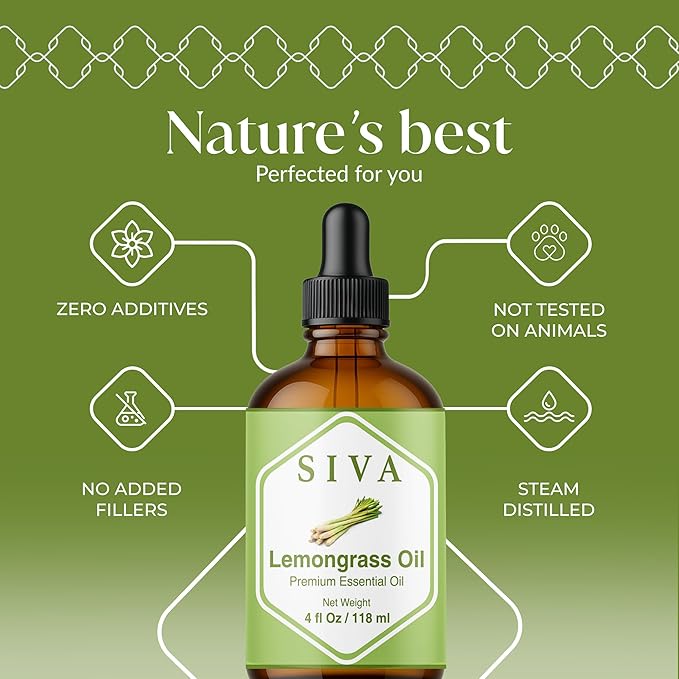 Siva Lemongrass Essential Oil 4 Fl Oz – for Diffuser, Skin & Hair Care – Ideal for Massage & DIY Blends- with Dropper