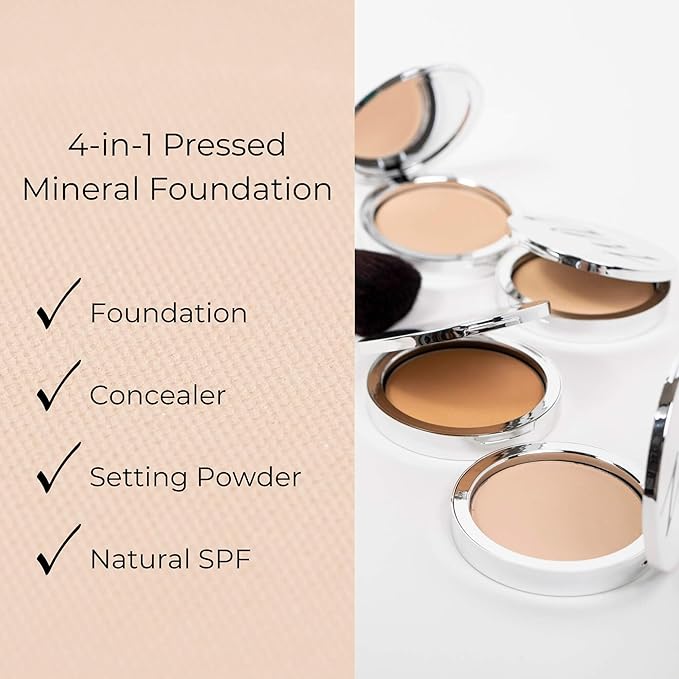 Advanced Mineral Makeup 4-in-1 Pressed Foundation Powder with Natural SPF, Concealer & Finishing for Medium to Full Coverage Foundation, Mineral-Based (Eva, 0.35 oz)