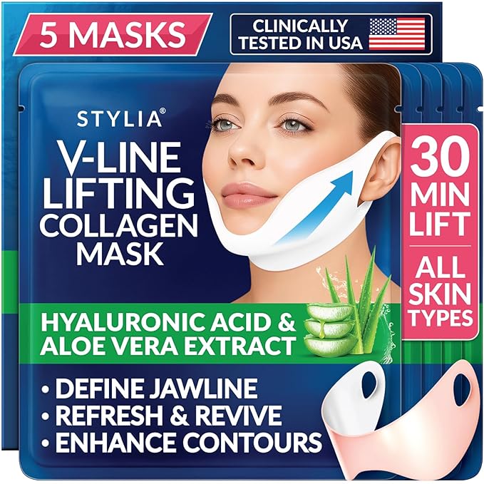 Stylia V Line Lifting Collagen Mask - Lift, Firm & Contour Jawline - Tightening Double Chin Strap with Hyaluronic Acid & Aloe - Neck Tightening and Lifting Mask - Jawline Shaper Face Lift Tape (5PC)