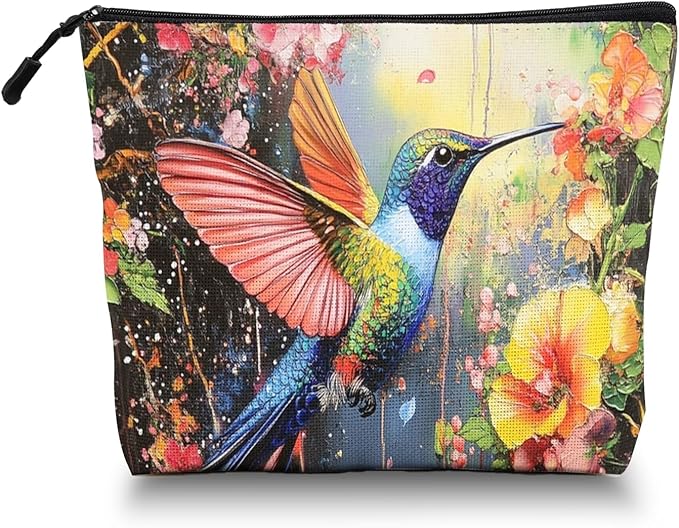 Scribesense Cosmetic Bags Travel Makeup Toilet Case Waterproof Pouch for Women Girls 6.7X9.45inches - Colorful Hummingbird in A Floral Flight