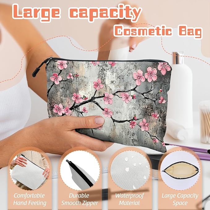 Scribesense Cosmetic Bags Travel Makeup Toilet Case Waterproof Pouch for Women Girls 6.7X9.45inches - Beautiful Grey - Backdrop Flowers