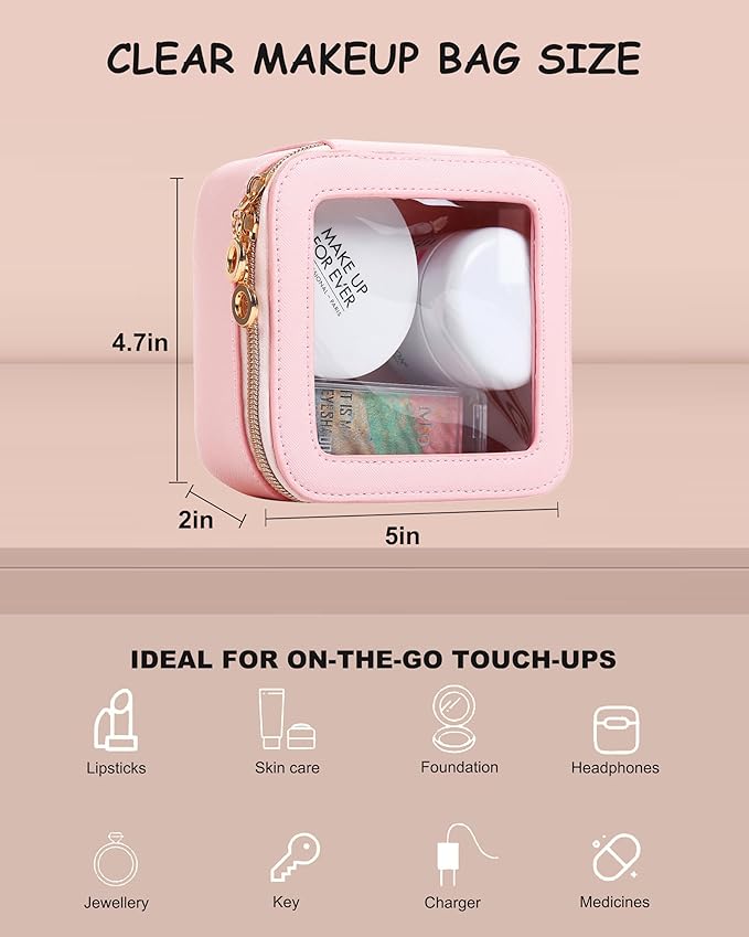 JRQCSJY Small Clear Makeup Bag for Purse, Cute Mini Clear Cosmetic Bag Case Organizer, TSA Approved Square Small Makeup Case Pouch with Zipper, Car Travel Purse Essentials for Women (Pink, S)