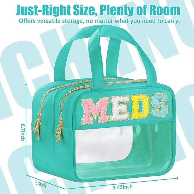 BuyCard Chenille Letter Clear Medicine Makeup Bag for Travel, Preppy Patch Nylon Cosmetic Meds Pouch with Handles and Zipper, Waterproof Large Travel Toiletry Purse Storage for Women Green